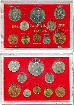 Великобритания набор из 10 монет 1945-1967 двенадцатиричная денежная система, 1 крона Черчилль, в пластике UNC 3-4-12-8