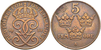 Швеция 5 эре 1932 Густав V (1907-1950) KM 779.2 бронза 115-844