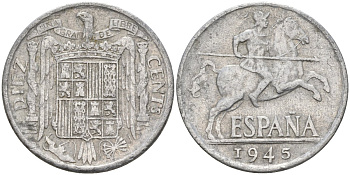 Испания 10 сентимо 1945 Франсиско Франко (1939 - 1975) KM 766 алюминий 4155-237