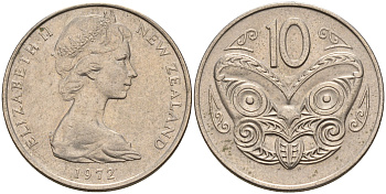 Новая Зеландия 10 центов 1972 Елизавета II (1952-2022), маска маори KM 41.1 медно-никель 4603-247