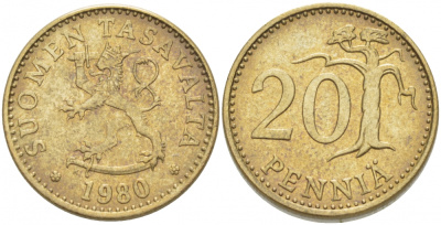 ФИНЛЯНДИЯ 20 ПЕННИ 1980 K KM 47 алюминиевая бронза 3718-645