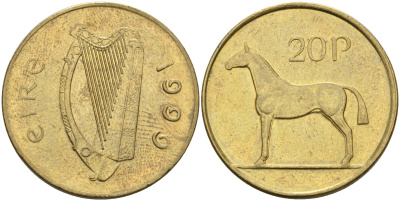 Ирландия 20 пенсов 1999 лошадь KM 25 никель бронза XF 4583-326