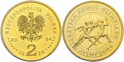 Польша 2 злотых 2004 MW, XXVIII олимпийские игры в Афинах KM 516 нордик 4586-1053