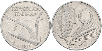 Италия 10 лир 1951 R, плуг KM 93 алюминий 51-2654