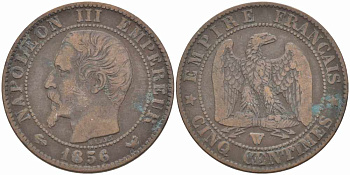 ФРАНЦИЯ 5 САНТИМОВ 1856 W, НАПОЛЕОН III (1852-1870) KM 777.7, LE FRANC 116.36 бронза 108-424