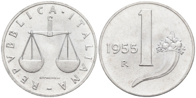 Италия 1 лира 1955 R, весы KM 91 алюминий  UNC  4594-737