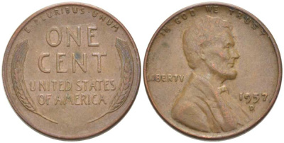 США 1 ЦЕНТ 1957 D, ЛИНКОЛЬН KM А132 медь цинк 218-1041