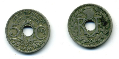 ФРАНЦИЯ 5 САНТИМОВ 1920 KM 865 медно-никель 84-327