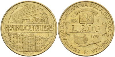 Италия 200 лир 1996 R, 100 лет Академии таможенной службы KM 184 алюминиевая бронза 4126-127