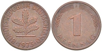 ФРГ 1 ПФЕННИГ 1973 J KM 105, J. 380 сталь плакированная медью 4181-567