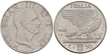 Италия 50 чентезимо 1942 R, Виктор Эммануил III (1900-1946), XX год KM 76b, VEM3. 1064 нержавеющая сталь 3853-421