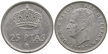Испания 25 песет 1982 Хуан Карлос I (1975-2014) KM 824 медно-никель 4110-1543
