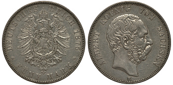 Саксония 5 марок 1875 Е, Альберт (1873-1902), 'старогербовка' Weege 123, J. 122, KM 1237 серебро 00-817-29