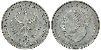 ФРГ 2 МАРКИ 1975 F, ТЕОДОР ХОЙС KM 127, J. 407 медно-никель плакированный никелем плакированный никелем UNC 72-552