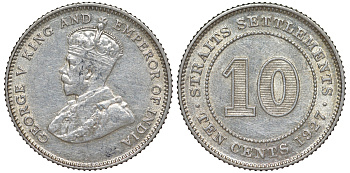 Стрейтс-Сетлментс 10 центов 1927 Георг V (1910-1936) КМ 29b серебро 53-721