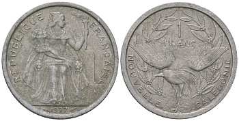 Французская Новая Каледония 1 франк 1977 птица кагу, (IEOM) KM 10, Schoen 10, Lec 40 алюминий    51-953