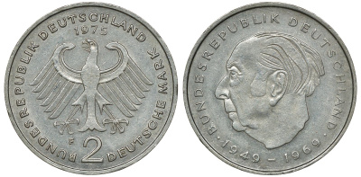 ФРГ 2 марки 1975 F, Теодор Хойс KM 127, J. 407 медно-никель плакированный никелем UNC 4681-952