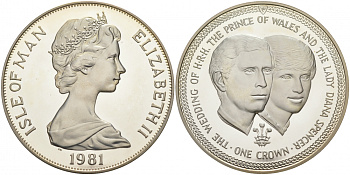 Остров Мэн 1 крона 1981 Королевская свадьба принца Чарльза и леди Дианы, портреты KM 82a серебро PROOF 02-056-34