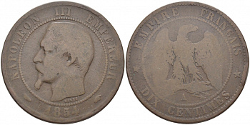 ФРАНЦИЯ 10 САНТИМОВ 1854 A, НАПОЛЕОН III (1852-1870) KM 771.1 бронза 114-723