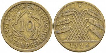 Германия 10 рентенпфеннигов 1924 F KM 33, J. 309, Weege 8 алюминиевая бронза 4539-1016