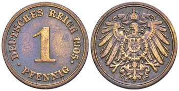 ГЕРМАНИЯ 1 ПФЕННИГ 1905 E KM 10, Jager. 10, Weege 2 медь 4528-1231