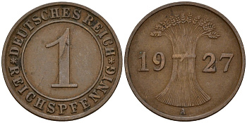 Германия 1 рейхспфенниг 1927 A KM 37, J. 313 бронза 192-957