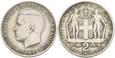 Греция 2 драхмы 1966 Константин II (1966-1973) KM 90 медно-никель 210-926