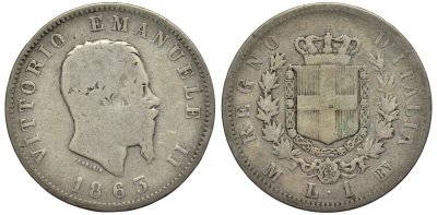 Италия 1 лира 1863 M-BN, Виктор Эммануил II KM 5a.1 серебро 55-124