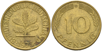 ФРГ 10 ПФЕННИГОВ 1978 D KM 108, J.383 сталь плакированная латунью 75-642