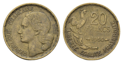 Франция 20 франков 1950 петух, полная надпись, 3 пера KM 916.1, Le Franc 401.2 алюминиевая бронза 4673-1147