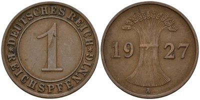 Германия 1 рейхспфенниг 1927 A KM 37, J. 313 бронза 192-957