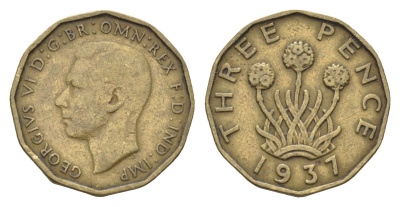Великобритания 3 пенса 1937 Георг VI (1936-1952) KM 849, Spink 4112 никель латунь    4660-652