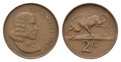 ЮАР 2 цента 1965 Ян ван Рибек (1619-1677), South Africa, легенда на английском, антилопа KM 66.1 бронза 4693-544