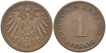 ГЕРМАНИЯ 1 ПФЕННИГ 1902 A KM 10, J. 10, Weege 2 медь 211-264