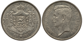 Бельгия 20 франков 1931 BELGA, Альберт I (1909-1934), редкая монета, монетный тип, немецкая легенда KM 120 никель 413-3945