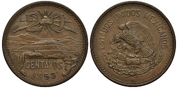 МЕКСИКА 20 СЕНТАВО 1953 ПИРАМИДА СОЛНЦА В ТЕОТИУАКАНЕ KM 439 бронза VF 215-834