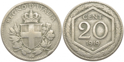 ИТАЛИЯ 20 ЧЕНТЕЗИМО 1919 KM 58 медно-никель 3856-915