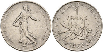 Франция 1 франк 1960 сеятель, первый год KM 925.1 никель    4153-435