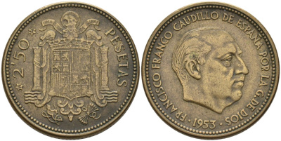 Испания 2,5 песеты 1953 (54) Франсиско Франко (1939-1975) KM 785 алюминиевая бронза 4571-1112