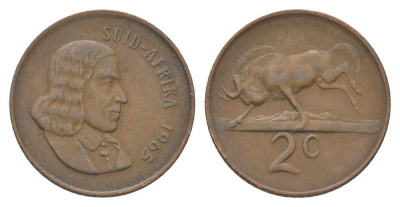 ЮАР 2 цента 1965 Ян ван Рибек (1619-1677), Suid Africa, легенда на африкаанс, антилопа гну KM 66.2 бронза 4627-162