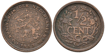 Нидерланды 1/2 цента 1912 Вильгельмина (1890-1948) KM 138 бронза 4576-349