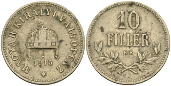 Венгрия 10 филлеров 1915 KB, Франц Иосиф I (1848-1916) KM 494 медь никель цинк 4151-1126