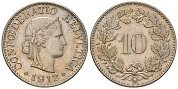 Швейцария 10 раппенов 1912 B KM 27 медно-никель 4169-639