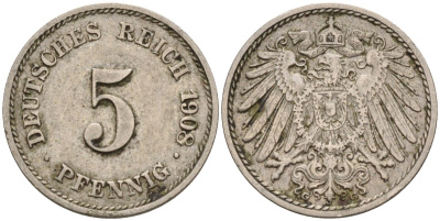 Германия 5 пфеннигов 1908 A KM 11, Jager 12, Weege 6 медно-никель 4151-465