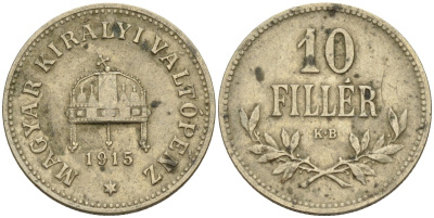 Венгрия 10 филлеров 1915 KB, Франц Иосиф I (1848-1916) KM 494 медь никель цинк 4151-1126