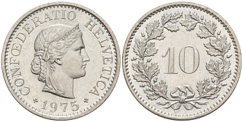 ШВЕЙЦАРИЯ 10 РАППЕНОВ 1975 KM 27 медно-никель 55-457