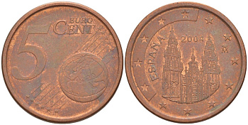 ИСПАНИЯ 5 ЕВРОЦЕНТОВ 2004 KM 1042 сталь плакированная медью 4543-336