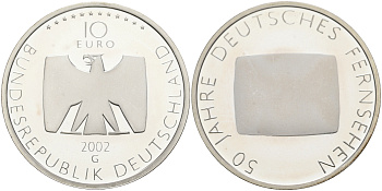 ФРГ 10 евро 2002 G, 50 лет немецкому телевидению KM 219, DE. S. 10.5 серебро PROOF 1076-3-12