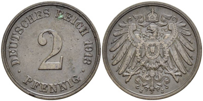 Германия 2 пфеннига 1913 J KM 16, J. 11, Weege 4 медь 4546-732