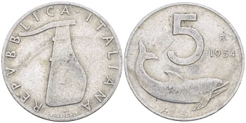 ИТАЛИЯ 5 ЛИР 1954 R, РУЛЬ, ДЕЛЬФИН KM 92 алюминий 175-112